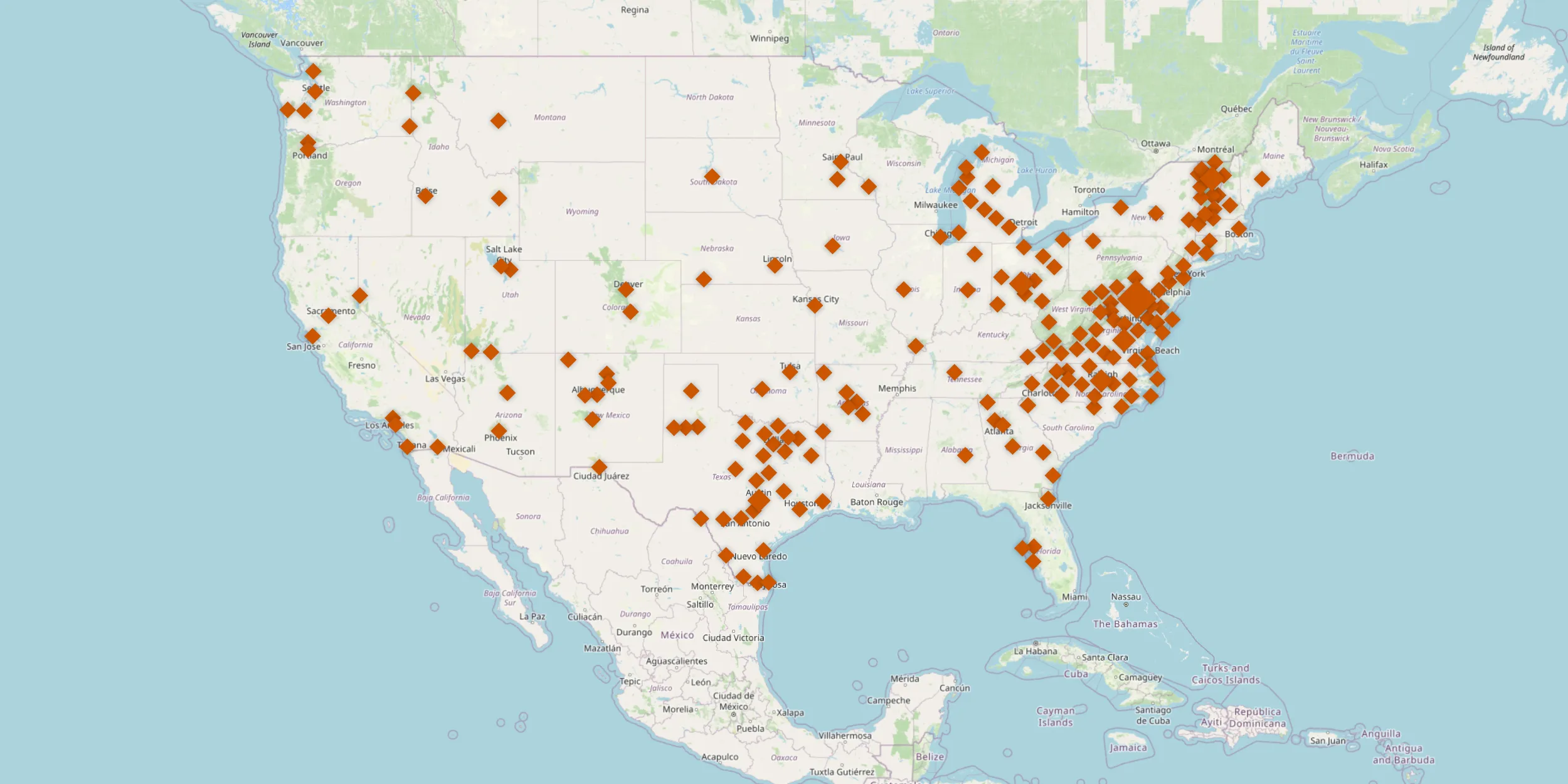 A map of the United States with many dots, marking the locations where KFH has completed projects. The dots range across the nation, in almost every state, concentrated the most on the east coast, midwest, and southwest.